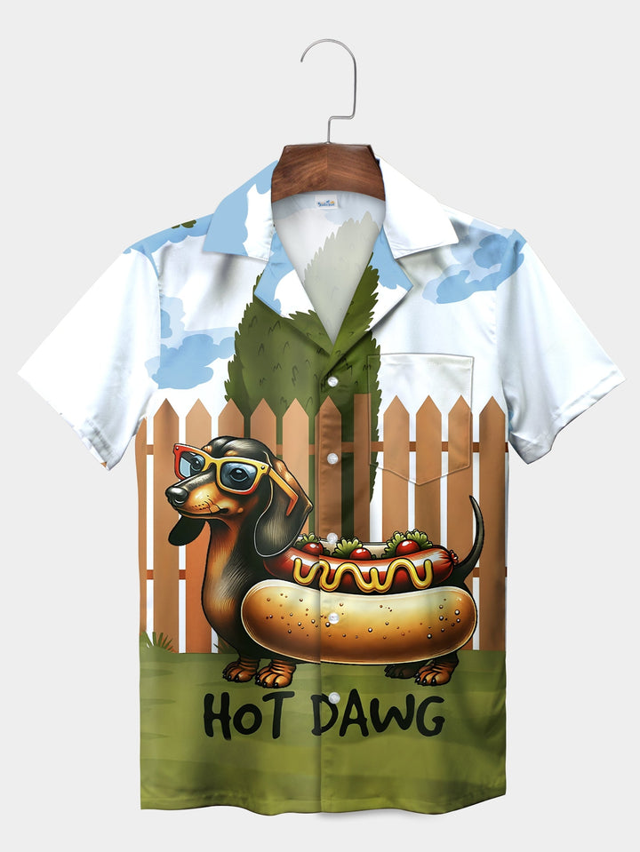 White Hot Dog Costume Funny Dachshund Design Short Sleeve Hawaiian Shirt  Pocket