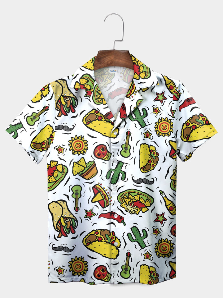 White Mexican Taco Fiesta Cactus Short Sleeve Hawaiian Shirt  Front