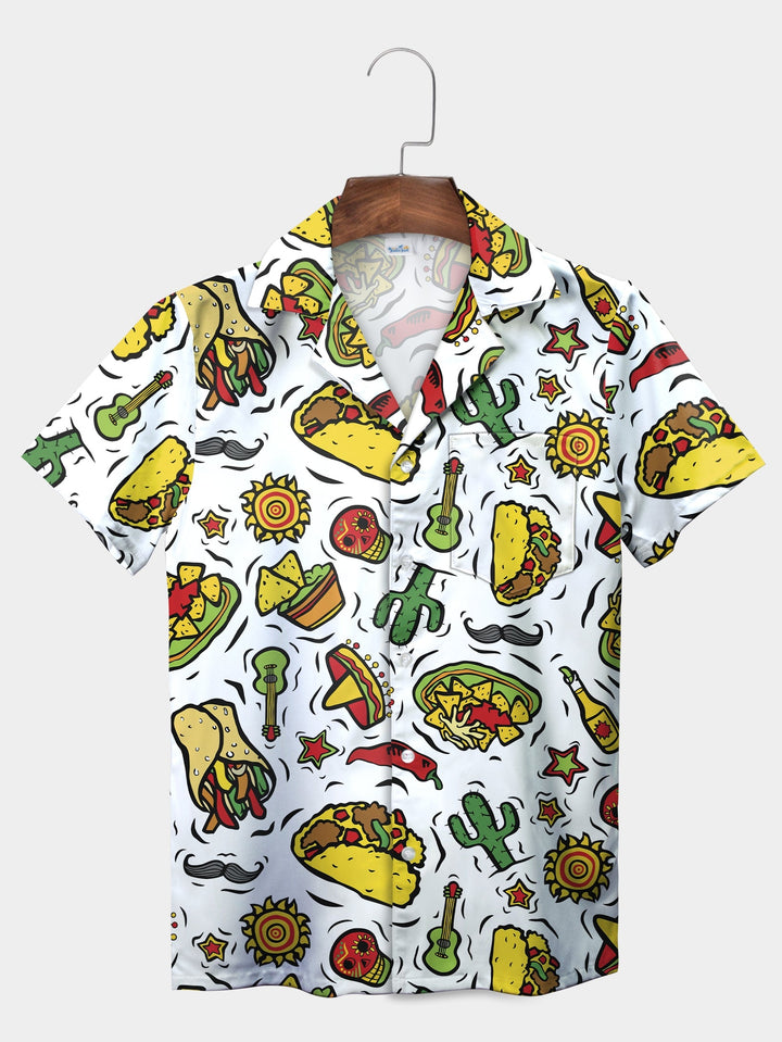 White Mexican Taco Fiesta Cactus Short Sleeve Hawaiian Shirt  Pocket