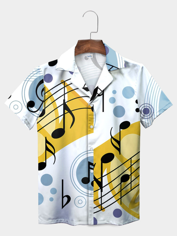 White Rhythmic Rhapsody Tropical Floral Music Note Hawaiian Shirt