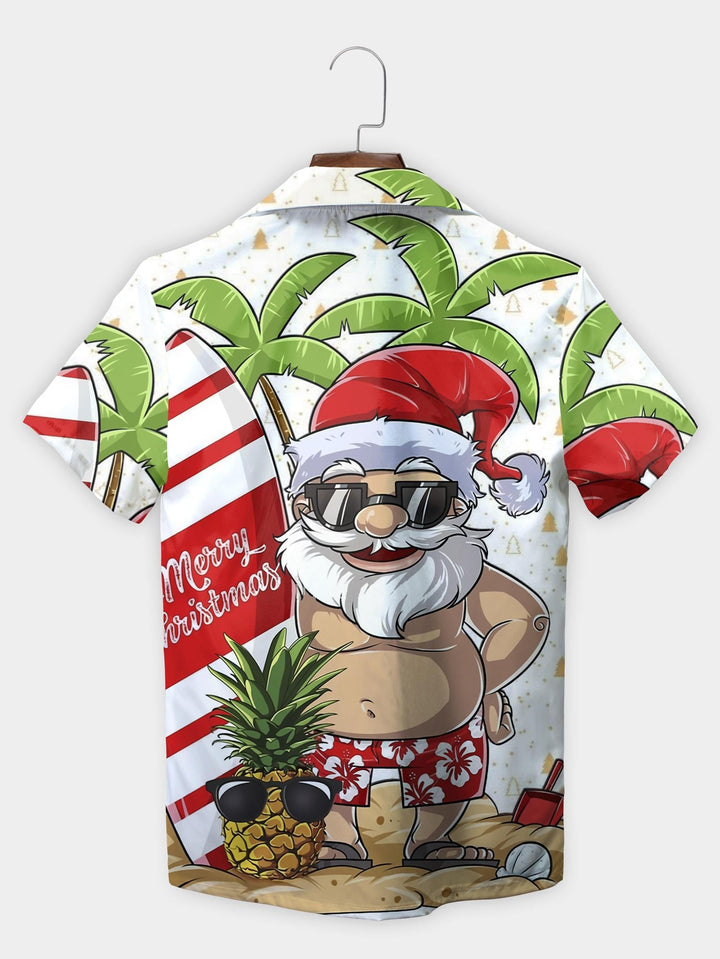 White Santa Surfboard Pineapple Christmas Short Sleeve Aloha Shirt  Back