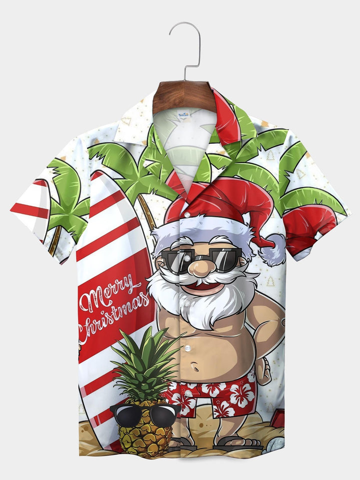 White Santa Surfboard Pineapple Christmas Short Sleeve Aloha Shirt  Front