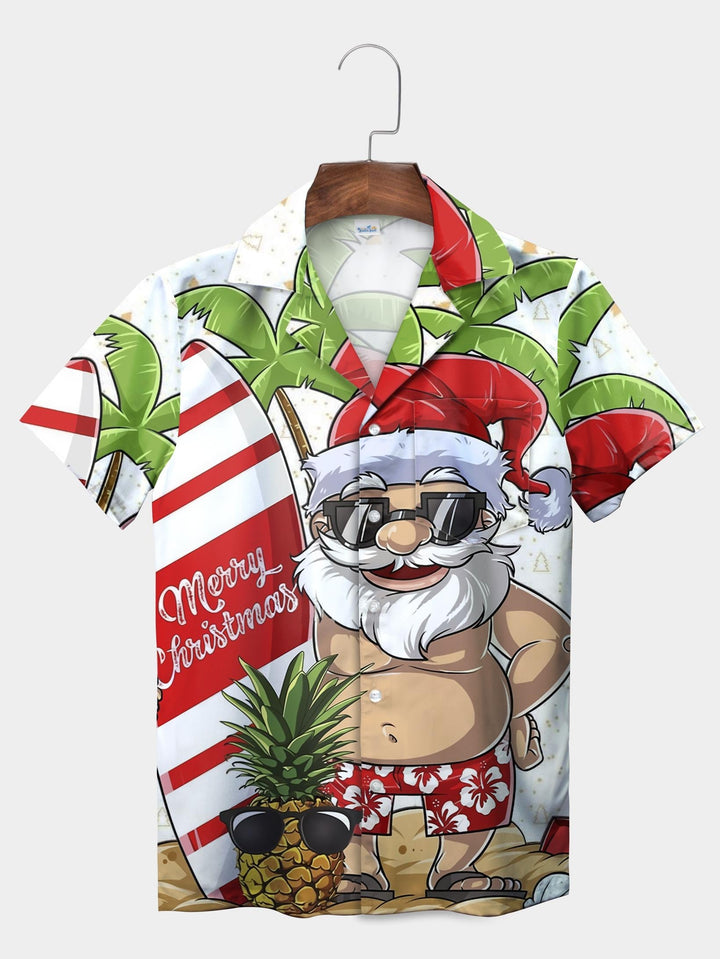 White Santa Surfboard Pineapple Christmas Short Sleeve Aloha Shirt  Pocket