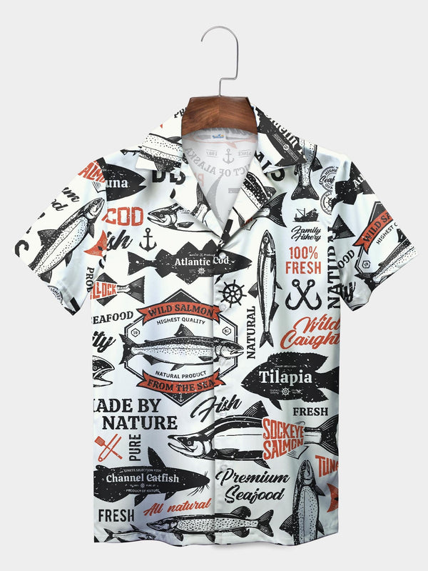 White Seafood Labels Salmon Cod Catfish Tuna Short Sleeve Aloha Shirt  Front