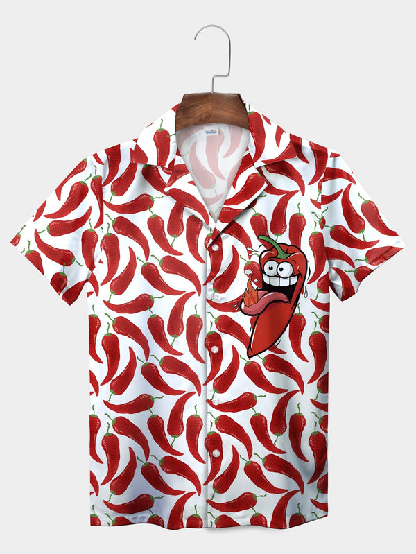 White Spicy Red Chili Pepper Cartoon Short Sleeve Hawaiian Shirt  Front