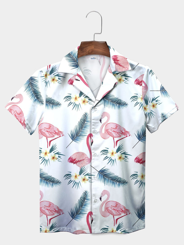 White Tropical Flamingo and Palm Leaves Floral Hawaiian Shirt