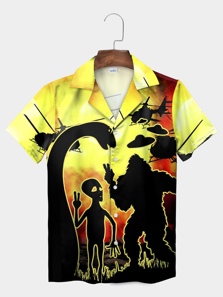 Yellow Alien Bigfoot Encounter Sunset Short Sleeve Hawaiian Shirt  Front