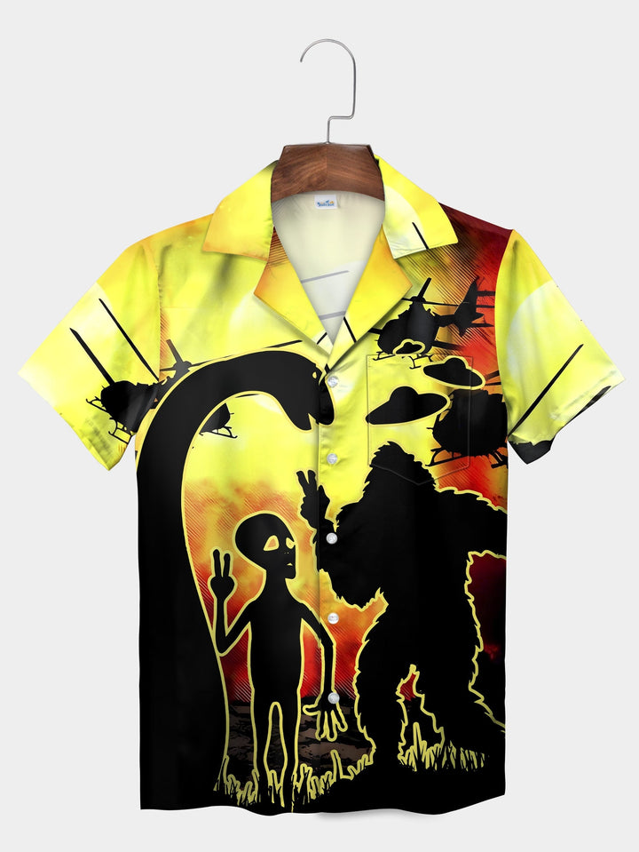 Yellow Alien Bigfoot Encounter Sunset Short Sleeve Hawaiian Shirt  Pocket