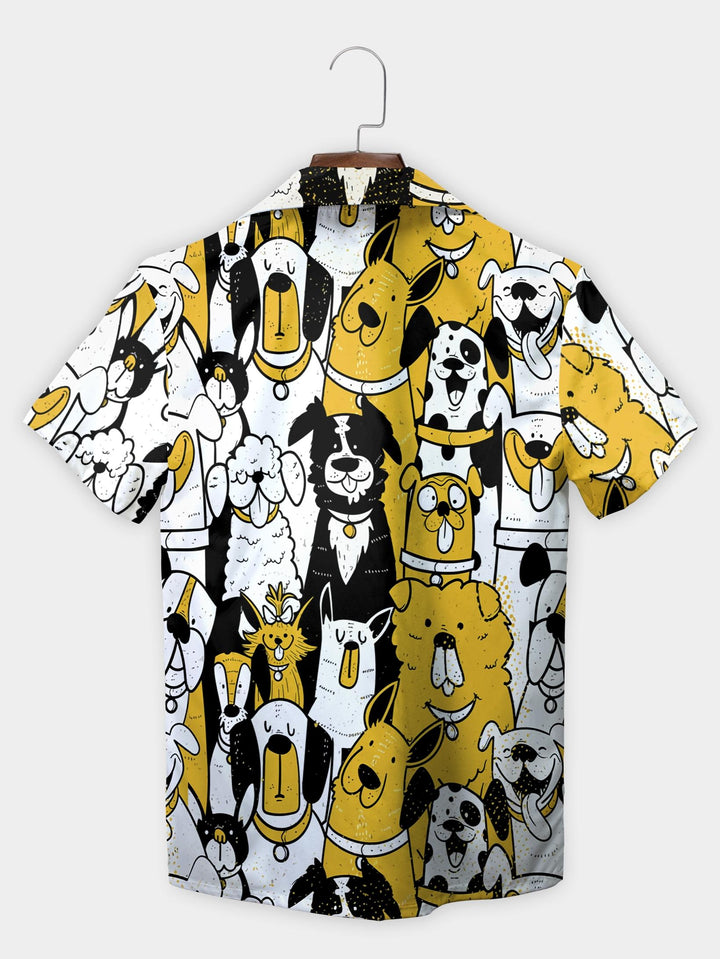 Yellow Cartoon Dog Faces Fun Graphic Print Short Sleeve Aloha Shirt  Back