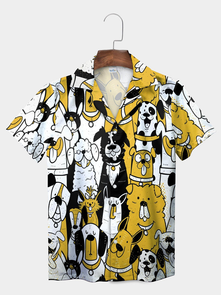 Yellow Cartoon Dog Faces Fun Graphic Print Short Sleeve Aloha Shirt  Front