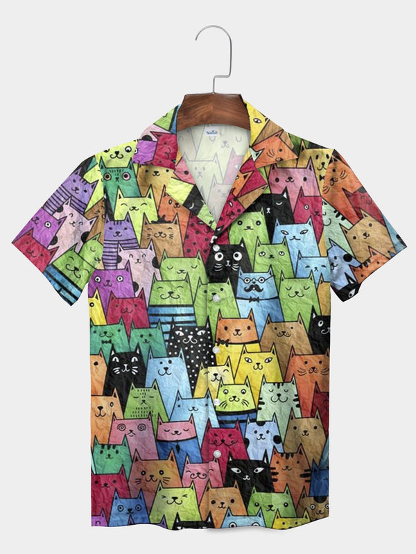 Yellow Cat Faces Pop Art Unique Pattern Short Sleeve Aloha Shirt  Front