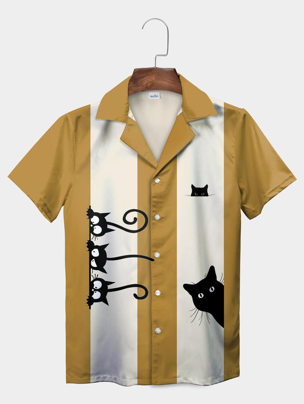 Yellow Cat Peeking From Pocket On Striped Shirt Funny Hawaiian Shirt