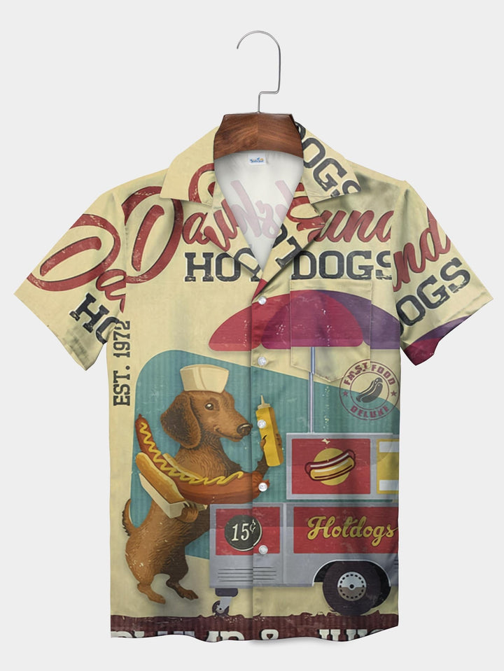 Yellow Dachshund Hot Dog Stand Food Vendor Short Sleeve Aloha Shirt  Pocket