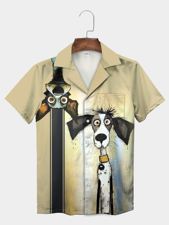 Yellow Dog Cartoon Funny Expression Graphic Short Sleeve Hawaiian Shirt  Pocket