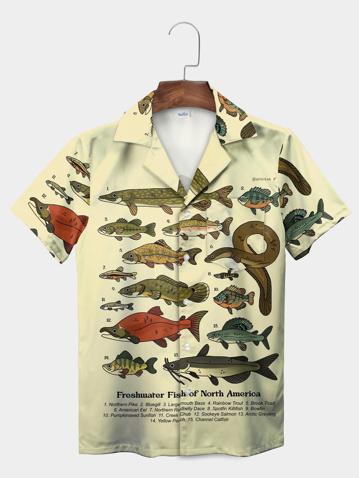 Yellow Freshwater Fish North America Species Short Sleeve Aloha Shirt  Pocket