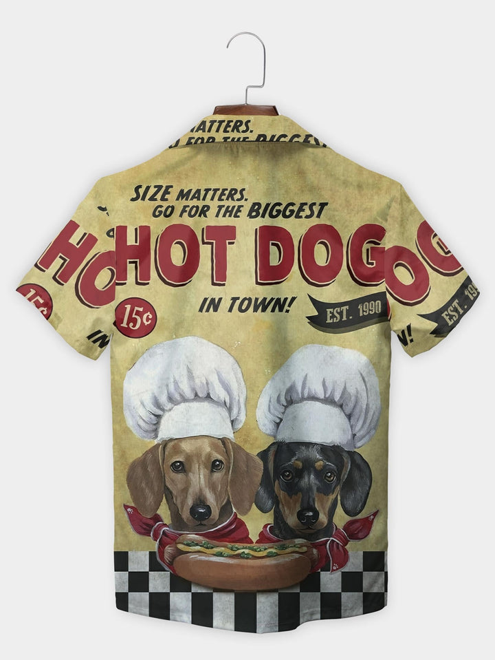 Yellow Hot Dog Chef Dachshund Food Poster Short Sleeve Aloha Shirt  Back