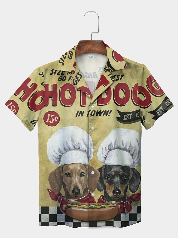 Yellow Hot Dog Chef Dachshund Food Poster Short Sleeve Aloha Shirt  Front