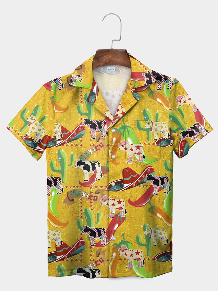 Yellow Mexico Fiesta Cow Cactus Chili Pepper Short Sleeve Hawaiian Shirt  Pocket