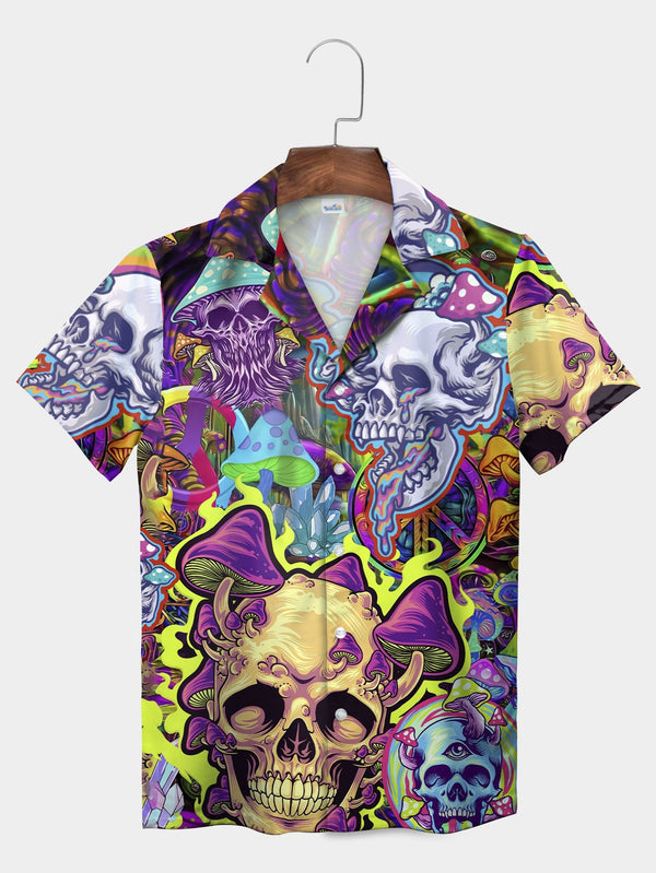 Yellow Psychedelic Skull and Mushroom Vibrant Abstract Hawaiian Shirt