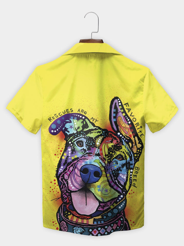 Yellow Rescue Dog Art Graphic Inspirational Short Sleeve Aloha Shirt  Back