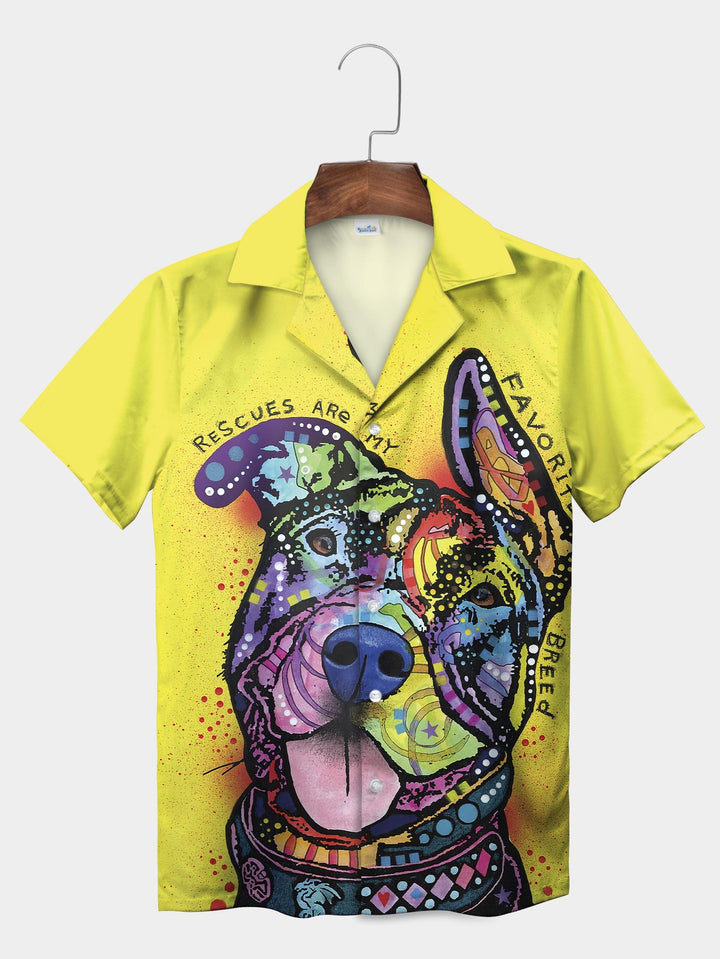 Yellow Rescue Dog Art Graphic Inspirational Short Sleeve Aloha Shirt  Front