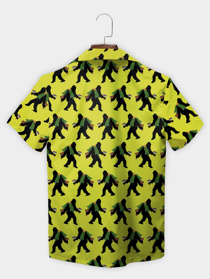 Yellow Retro Bigfoot Hiking Adventure Short Sleeve Hawaiian Shirt  Back