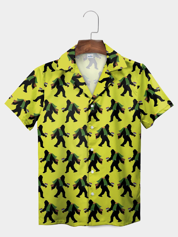 Yellow Retro Bigfoot Hiking Adventure Short Sleeve Hawaiian Shirt  Front