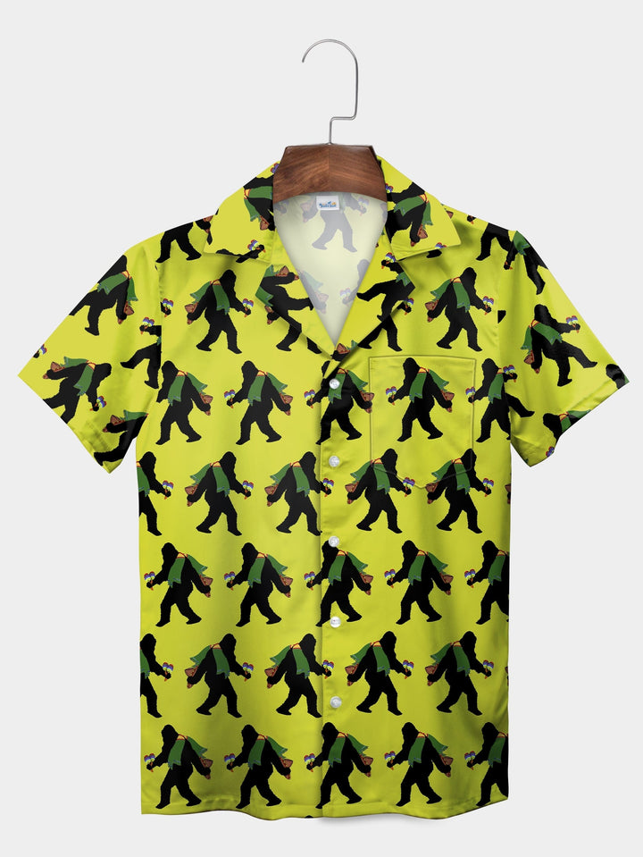 Yellow Retro Bigfoot Hiking Adventure Short Sleeve Hawaiian Shirt  Pocket