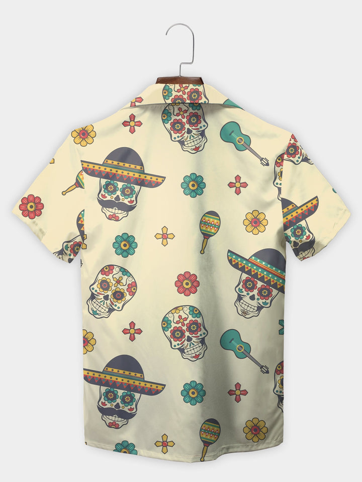 Yellow Sugar Skull Sombrero Fiesta Cactus Short Sleeve Hawaiian Shirt  Back