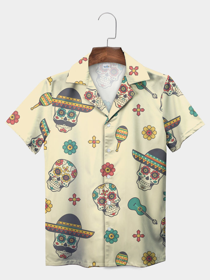 Yellow Sugar Skull Sombrero Fiesta Cactus Short Sleeve Hawaiian Shirt  Front