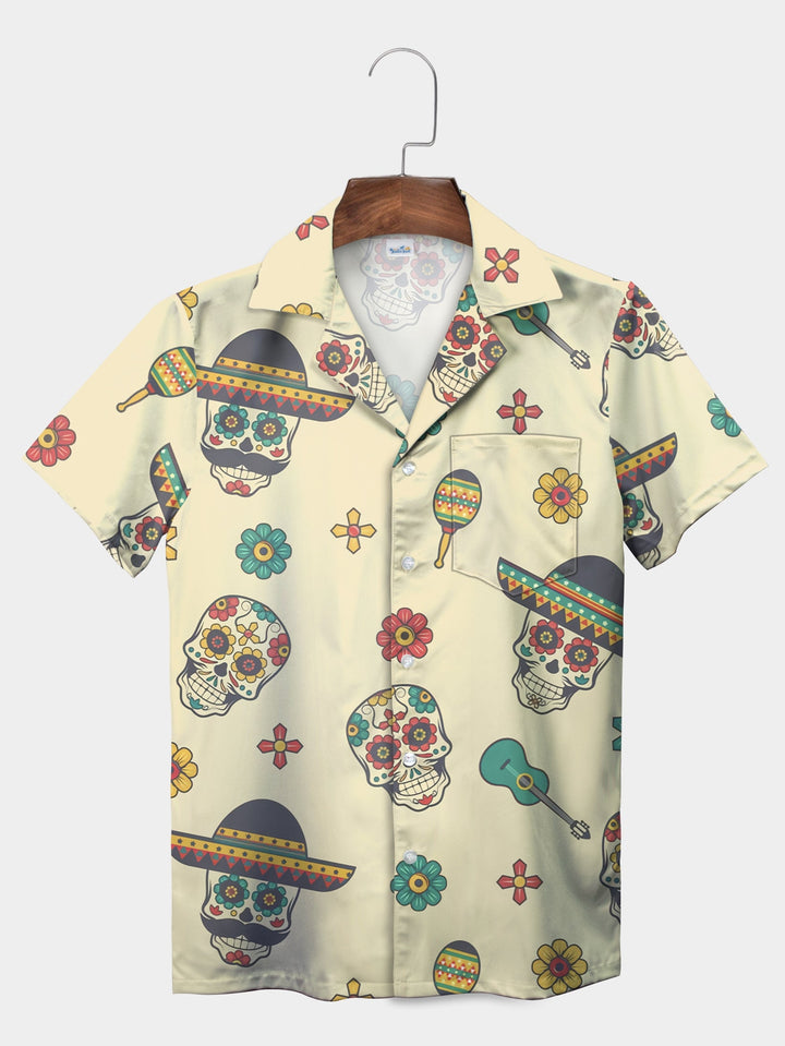 Yellow Sugar Skull Sombrero Fiesta Cactus Short Sleeve Hawaiian Shirt  Pocket