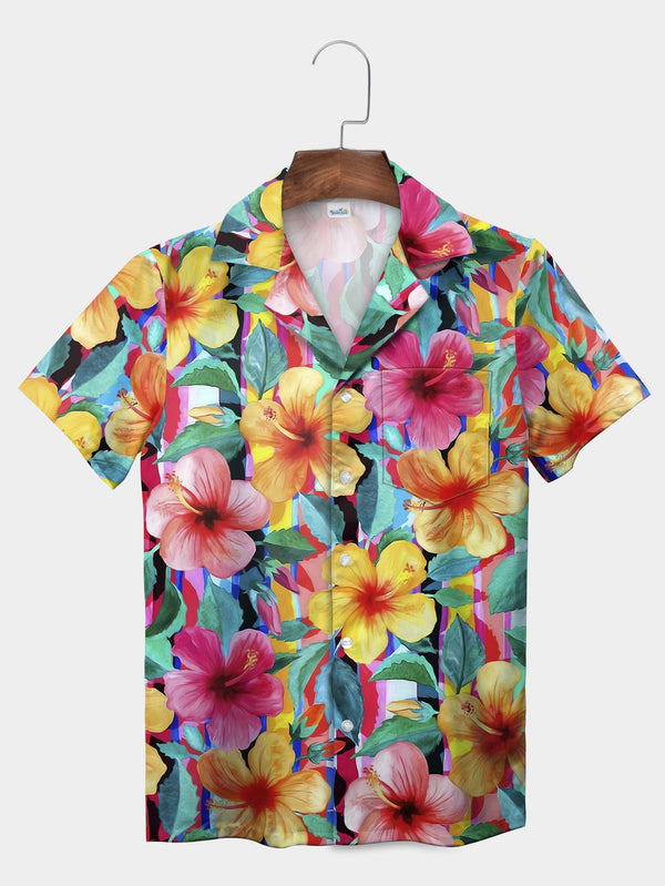 Yellow Tropical Floral Vibrant Design Short Sleeve Hawaiian Shirt  Front