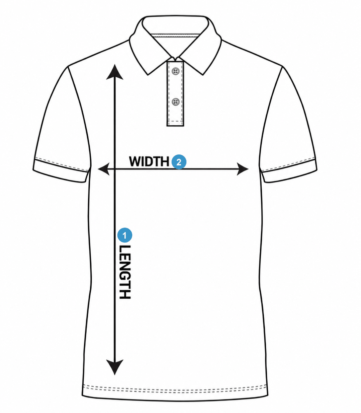 How to measure a polo: 1 is length, 2 is chest width